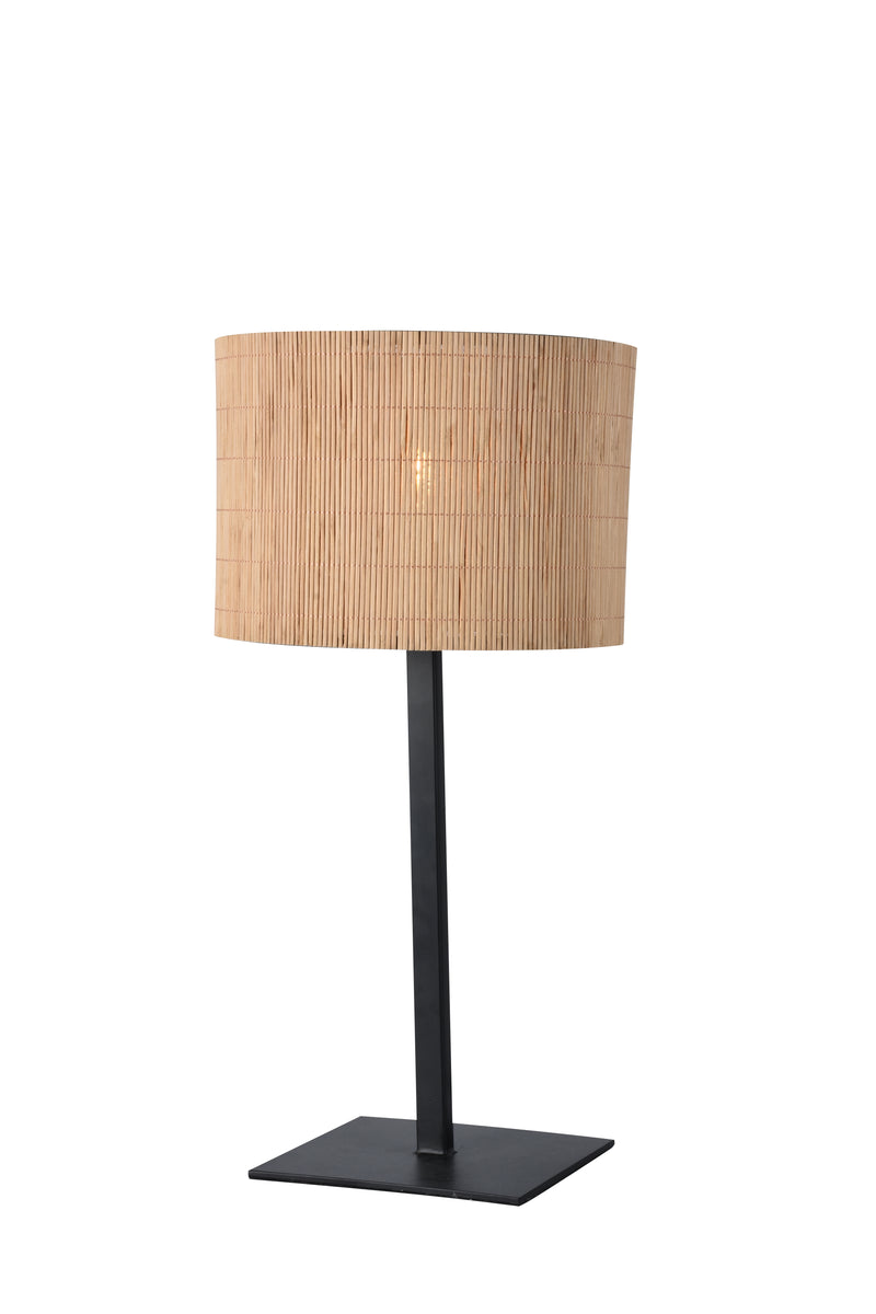 LAMPARA DE MESA, PANTALLA COLOR MADERA, BASE NEGRA