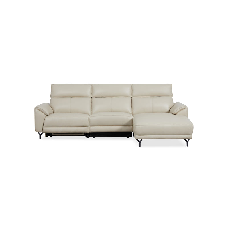 SOFA SECCIONAL RECLINABLE ELECTRICO EN PIEL SINTETICA CREMA Y PATAS NEGRAS