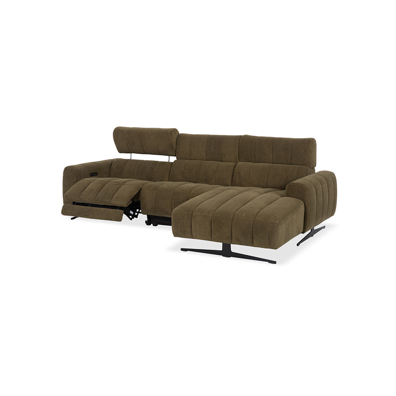 SOFA SECCIONAL RECLINABLE ELECTRICO EN TELA VERDE Y PATAS NEGRAS