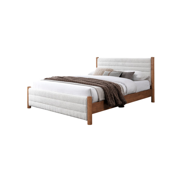 CAMA QUEEN EN TELA BLANCA Y ACABADO DE MADERA