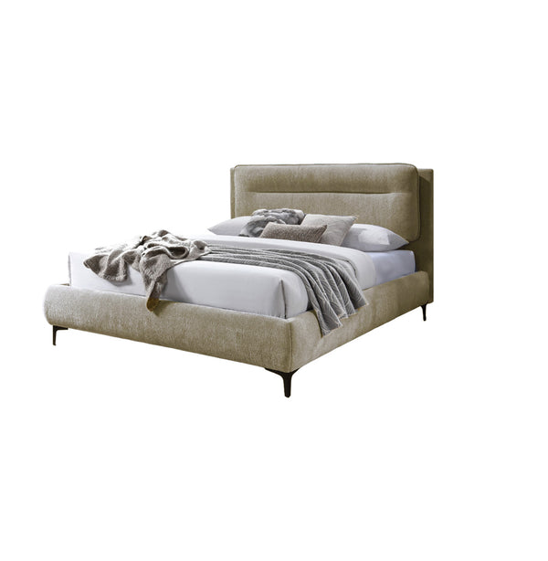 CAMA QUEEN EN TELA BEIGE Y PATAS NEGRAS