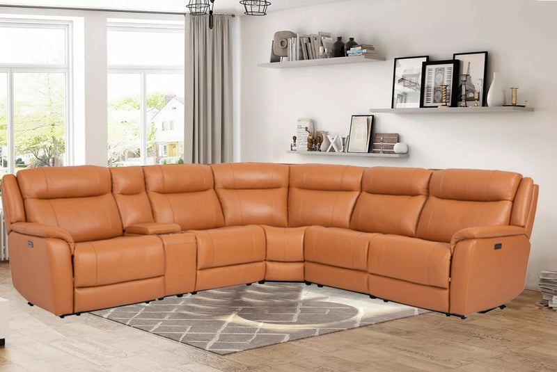 SOFA SECCIONAL RECLINABLE ELECTRICO EN PIEL SINTETICA NARANJA