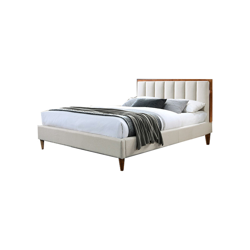 CAMA QUEEN EN TELA BEIGE Y PATAS MARRONES